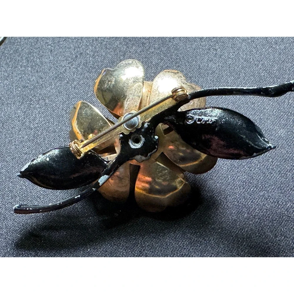 Vintage Coro Floral Brooch Copper Gold Tone Enamel Flower Amber Rhinestone Pin